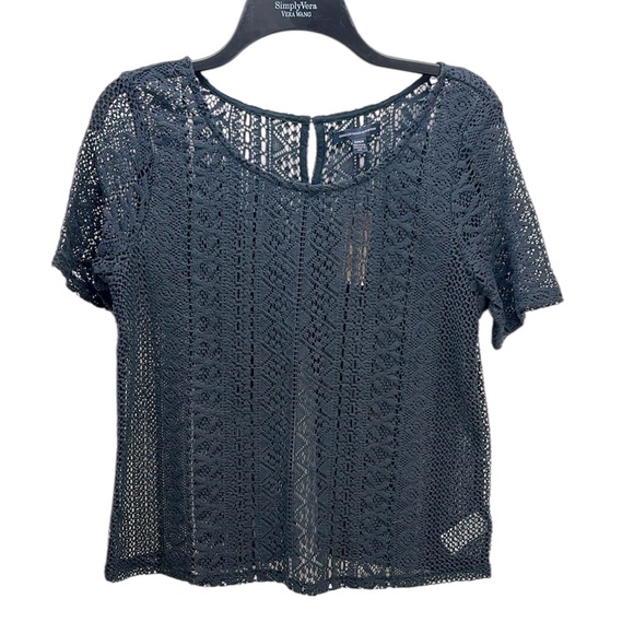 American Eagle Outfitters Tops - American Eagle Navy Open Knit Lace Split Back Button Closure M Short Sleeve